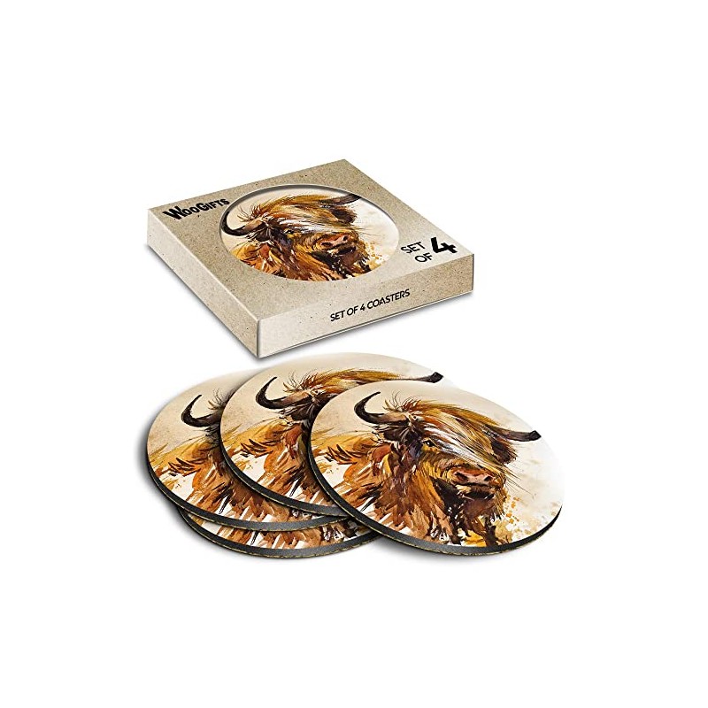 4 x Round Coasters - Highland Cow Cattle Art Cork