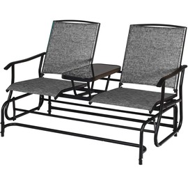 Giantex Patio Bench Glider Chair with Metal Frame, Center Tempered Glass Table, Outside Double Rocking Swing Loveseat for Porch, Garden, Poolside, Balcony, Lawn Rocker Outdoor Glider Bench(Gray)