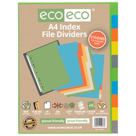eco-eco A4 50% Recycled Multipunched Reinforced Colour Set 10 Subject Index File Dividers 200mic (Pack of 4) 907608