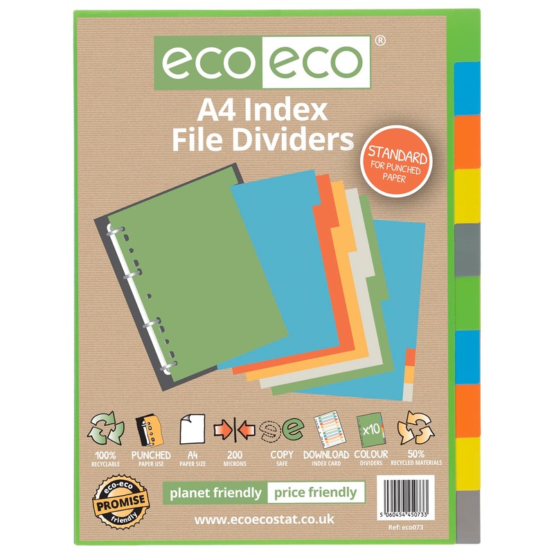 eco-eco A4 50% Recycled Multipunched Reinforced Colour Set 10 Subject
