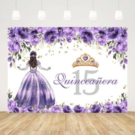 Sendy 10x7ft Quinceanera 15th Backdrop for Girls Mexico 15th Birthday Photography Background Purple Flowers Golden Crown Party Banner Photo Booth Studio Props