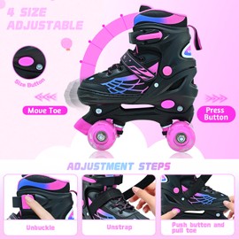 Roller Skates for Kids, Adjustable Quad Skates for Boys and Girls Ages 5-8 with Light Up Wheels, Children Beginners Rollerskates Rose Red for Indoor Outdoor