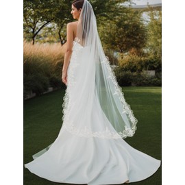 HEREAD Lace Bride Wedding Veil White Long Bridal Veils Tulle with Comb (White)