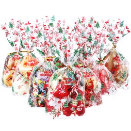 HESTYA 50 Counts 15 x 25 cm Flat Clear Cellophane Treat Bags Block Bottom Chritstmas Element Snowflake Patterned Storage Bags Sweet Bags with 300 Pieces Twist Ties for Christmas Party Favor (Style A)