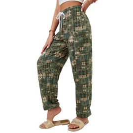 QIANXIZHAN Women's Harem Pants, Hippie Palazzo Pants Boho Joggers Yoga Clothes with Pockets Camouflage Green M