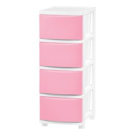 IRIS USA Plastic Drawer Storage Organizer, 4-Drawers, for Classroom Art Supplies Dresser Closet Bathroom Dorm Bedroom Laundry Room, Slim Narrow, White Frame with Matte Pink Front Panels