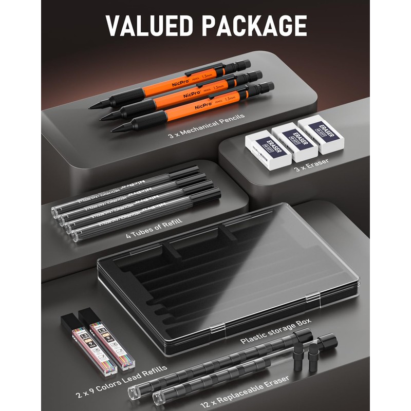 Nicpro 3 PCS 1.3 mm Orange Mechanical Pencils Set with