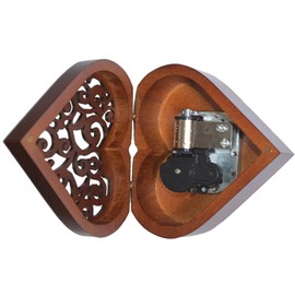 Antique Engraved Wooden Wind-Up Musical Box,Over The Rainbow Musical Box,with Silver-Plating Movement in,Heart-Shaped