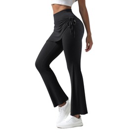 Clbort High Waist Flare Leggings for Women Ruched Skirt HemTummy Control Fake Two-Piece Casual Yoga Pants for Gym Workout Black