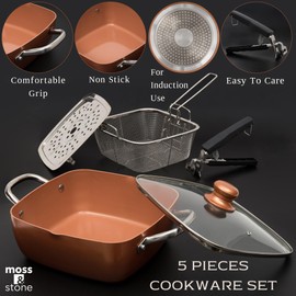 Moss & Stone 5 Pcs Copper Chef Cookware Non Stick Deep Frying Pan, Fry Basket, Steamer Rack, Dishwasher & Oven Safe, 5 Qt Deep Square Pan, Induction Copper Cookware Set - 9.5" x 3.5"
