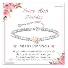 BMMYE 16th Birthday Gifts for Women,Sterling Silver Bead Bracelet with Rose Gold Heart Adjustable Silver Bracelet for Women Birthday Gifts with Card for Mum Daughter Sister Grandma