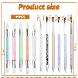 Nail Art Sculpture Pen,11Pcs Dual Tipped Silicone Nail Tools, Professional Nails Design Kit with Brush Dotting Tools, Silicone Nailart Brushes for Gel Nails Home Salon Carving, Striping, Painting