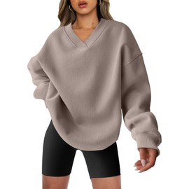 ANRABESS Womens Oversized V Neck Sweatshirt Fleece Long Sleeve Hoodies Pullover Comfy Top Outfits 2024 Teen Preppy Clothes Medium Light Khaki
