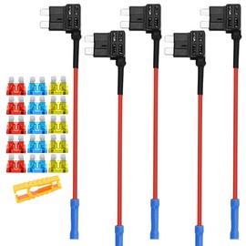 Aiqeer 5 Pieces 12V / 24V Medium Piggy Back Fuse Holders, Car Add-a-Circuit Fuse Tap with Wire Harness, Free 15 Pieces Standard Blade Fuses and Fuse Puller (Crimp Terminal)