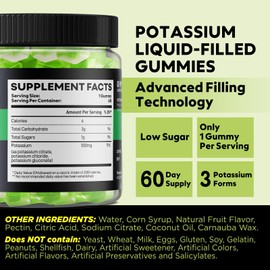 Yutiny Potassium Supplement 500mg 3 in 1 Complex Gummies, Chewables with Potassium Citrate Chloride Gluconate, Extra Strength Blend, 60 Count