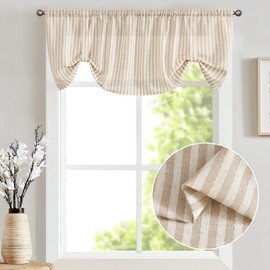 jinchan Tie Up Valance Linen Textured Striped Bow Tie Curtain for Kitchen Bathroom Rod Pocket Pinstripe Valance Window Treatments Ticking Stripe Pull Cord Valance 1 Panel 18 Inch Tan on Beige