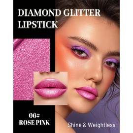Glitter Metallic Lipstick Long Lasting,Rose Pink Creamy Lip Gloss for Women