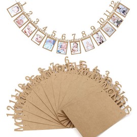 Birthday Photo Garland Photo Frame Decoration 1 Year 12 Months Birthday Party Celebration Decor Wall Hanging Picture Frame Picture Frame Anniversary Baby Wedding String (Brown)