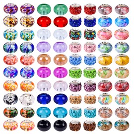 100 PCS Assorted European Beads with Copper Core Big Hole Glass Spacer No Copper Core Lampwork Colorful Beads Rhinestone Craft Beads for DIY Charm Bracelet Jewelry Making (Magnetic White Water Mark)