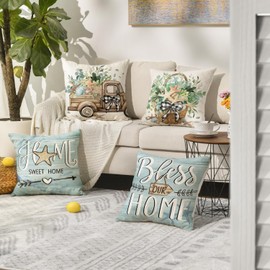 AVOIN colorlife Bless Our Home Eucalyptus Leaves Starfish Throw Pillow Covers, 16 x 16 Inch Seasonal Spring Summer Truck Home Sweet Home Cushion Case Decorations Set of 4