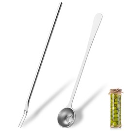 2PCS Pickle Fork and Olive Spoon, Stainless Steel Long Olive Fork 2 Prong (8.6") with Olive Spoons with Drain Hole (7.5") for the Jar for Onion, Cucumber, Arugula