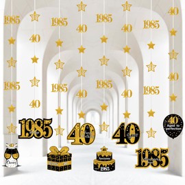 40th Birthday Decorations for Men Women, Black Gold Pre-Strung Glitter Star Twinkle Number 1985 40 Years Old Hanging Streamer Banner Happy 40th Bday Decor Party Supplies
