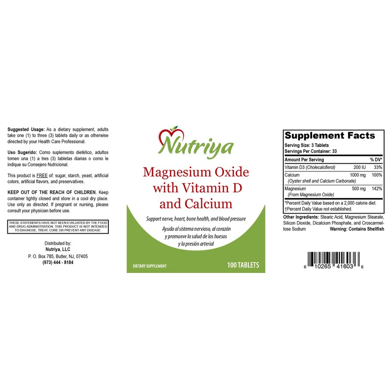 Nutriya Magnesium oxide with vitamin D3 and Oyster Calcium