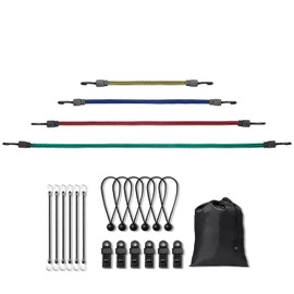 Happybuy 32 Piece Flat Bungee Cord Set, 17mm Heavy Duty Bungee Straps with A3 Steel J-Hooks, Includes 10"", 18"", 24"", 32"", 40"" Bungee Rope, Portable Storage Bag, 6 Clips & Canopy Ties