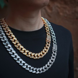 Halukakah Gold Chain for Men Iced Out, 14/20 mm Men's 18 Carat Real Gold-Plated / Platinum White Gold Diamond Cuban Chain Miami Necklace Bracelet with Gift Box, Brass, No Gemstone