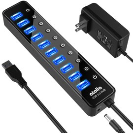 USB 3.0 Hub Powered atolla USB Hub 10 Port USB Hub Self-Powered/Bus-Powered USB Hub 5Gbps High Speed Data Transmission USB3.0 Expansion with Independent Switch 12V/2.5A AC Adapter for Android Windows MacBook Mac Surface Pro and Other Systems and Laptops