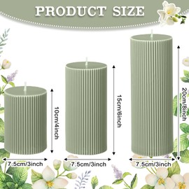 Conelist Ribbed Pillar Candles Set of 3, Width 3" High 4" 6" 8" Large Soy Wax Scented Pillar Candles Aesthetic Candles Ribbed Candles Modern Home Decor for Bathroom Living Room (Bean Green)