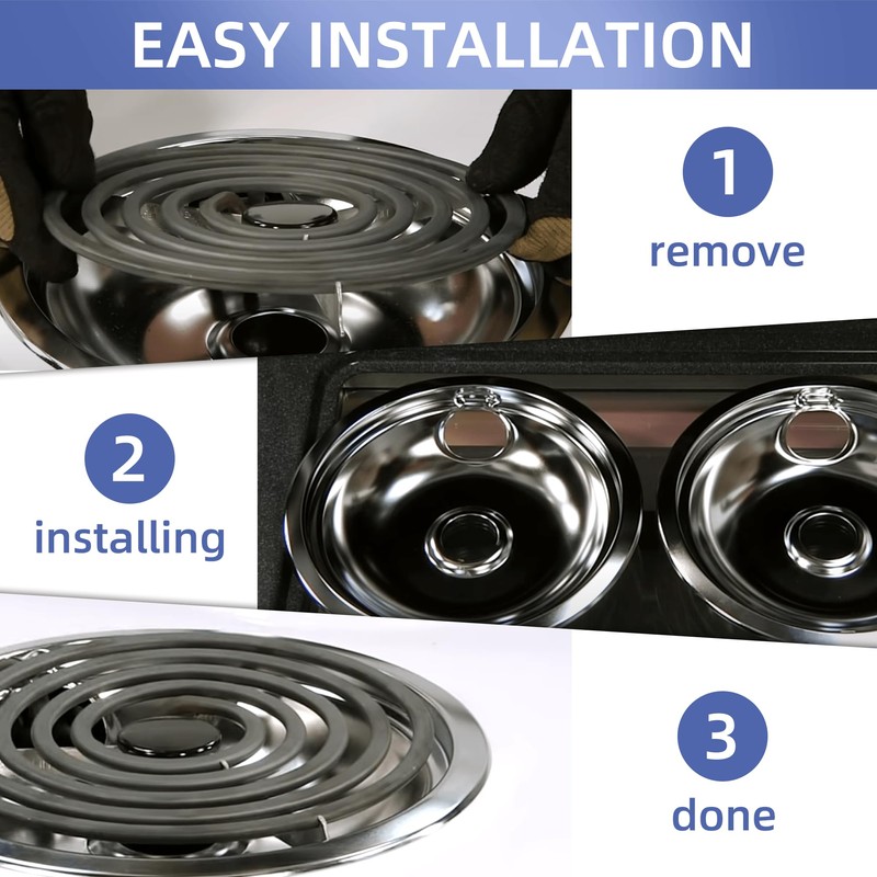 W10196406 and W10196405 Chrome Stove Burner Drip Pan Set for