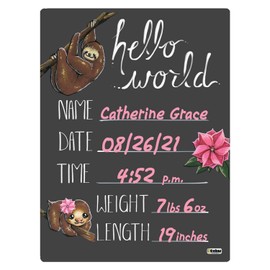 Cohas Hello World Newborn Baby Announcement Chalkboard Sign with Pink Sloth Theme, 9 by 12 Inches, Pink Marker