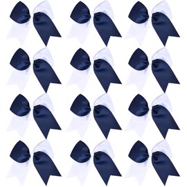 DEEKA 12PCS 8" Two Toned Large Cheer Hair Bows Ponytail Holder Handmade for Teen Girls Softball Cheerleader Sports-Navy Blue/White
