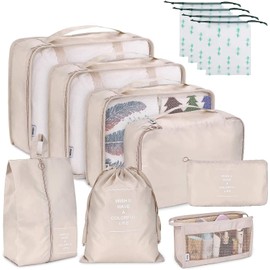 NEWKIBOU Organizadores de Viaje para Maletas,12 en 1 Set de Organizador de Equipaje,Impermeable Organizador de Maleta, para Ropa Zapatos, Cosméticos de bolsas organizadoras de viaje (Beige)