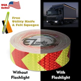 Free Tool Kit 2"x120ft Arrow Red Neon Yellow Night Reflective DOT-C2 Safety Tape Warning Caution Adhesive Conspicuity Checker Marking Decal Sticker Roll Film Truck RV Trailer Boat ATV Construction