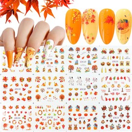 BSBTBZ Maple Leaves & Pumpkin Nail Stickers, 12 Sheets Water Decals for DIY Thanksgiving Day Manicure Decorations