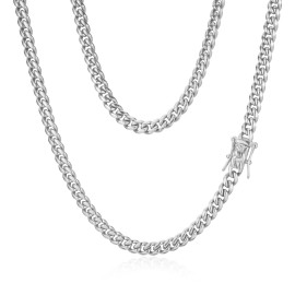 6mm Miami Cuban Link Chain 316L Stainless Steel Necklace Bracelet for Mens Womens(Double Safety Clasp,Birthday Gift)Color: Silver, Length: 24 inch