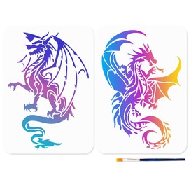 MAYJOYDIY Dragon Stencils for Painting, A4 Size 11.7x8.3 inch, 2 Pack with Paint Brush, Reusable Craft Templates for Wood DIY