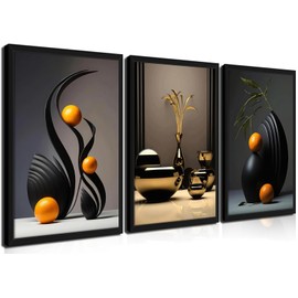 raiqtols Modern Abstract Framed Wall Art for Living Room Set of 3 – Bright Style Orange Still Life Canvas Prints, Smooth Surface Vase Wall Decor with Black Wood Frame for Bedroom Bathroom Office – 16x24in