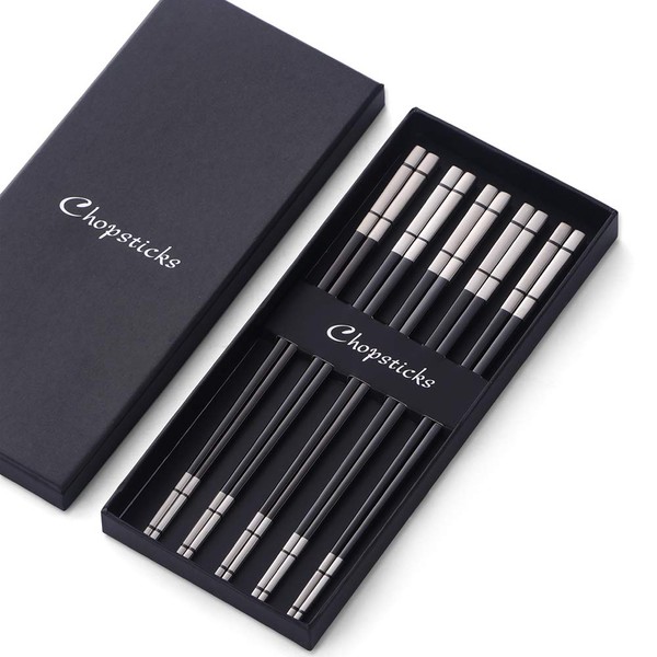 Buyer Star Chopsticks Stainless Steel Chopsticks Korean Chopsticks Set of 5 Pairs 9.3 inches (23.5 cm), Black, High Quality, Durable, Stylish, Metal Chopsticks, 18-8 Stainless Steel, Square Shape,