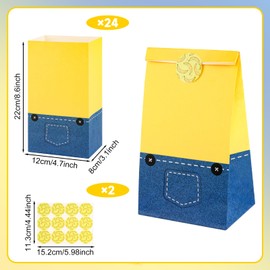 Fowecelt 24 Pack Yellow Cartoon Paper Bags with Banana Stickers Blue Jeans Goodie Candy Treat Bag Party Favor Gift Bags for Kids Boys Girls Birthday Baby Shower Party Decoration Supplies