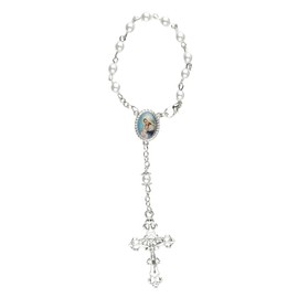 Mary and Jesus Car Rosary with Lobster Clip, Imitation Pearl Beads, Religious Keepsake Gift, 6.5 Inches