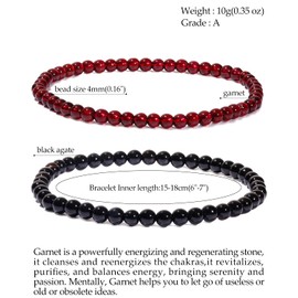 Jewboo 2Pcs Genuine Semi Gems Friendship Beaded Bracelets for Women Crystals and Gemstones Stretch Healing Bracelets Beads 4mm (Garnet & Black Agate)