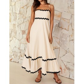 ZESICA Women's 2024 Summer Spaghetti Straps Sleeveless Backless Sundress Flowy Smocked Lace Swing A Line Midi Dress,Apricot,Medium