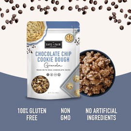 Safe + Fair Chocolate Chip Cookie Dough Granola – Gluten-Free, Dairy-Free & Vegan Snack – Allergen-Free, Non-GMO, and No Artificial Ingredients – 12oz Pack, 6 Pack