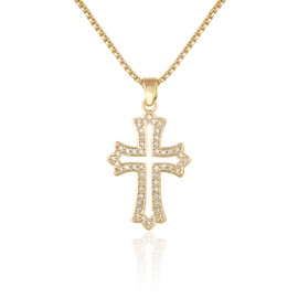 SUPJEWE 14K Gold Cross Pendant Necklace with Cubic Zirconia, Chain 17.7 inches, Chic, Hypoallergenic, Lightweight, Gold, Cubic Zirconia