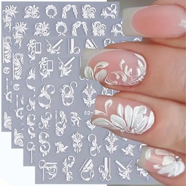 White Flower Nail Art Stickers 5D Embossed Flower Nail Decals 4PCS Self-Adhesive Spring Vine Floral French Nails Design Engraved Stickers Wedding Manicure Accessories for Women DIY Nail Decorations