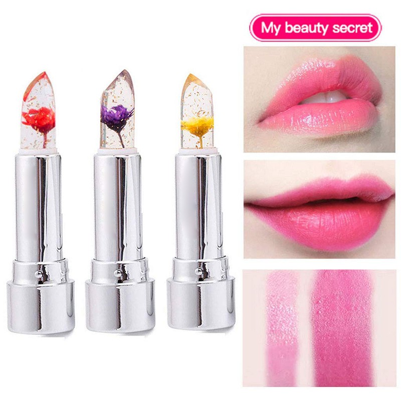 3Pcs Crystal Flower Jelly Lipstick Nutritious Moisturizing Lip Balm Temperature