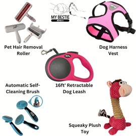 5pc Puppy Supplies Starter Kit, Retractable Leash, Mesh Dog Harness Vest, Pet Grooming Brush, Pet Hair Removal Roller, Squeaky Plush Toy, Dog and Puppy Gift Set - Pink (Small Dog Harness Vest)